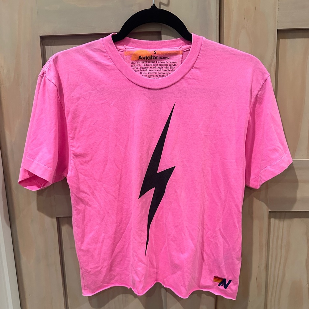 Aviator Nation Neon Pink Boyfriend Tee with Black Lightning Bolt Graphic